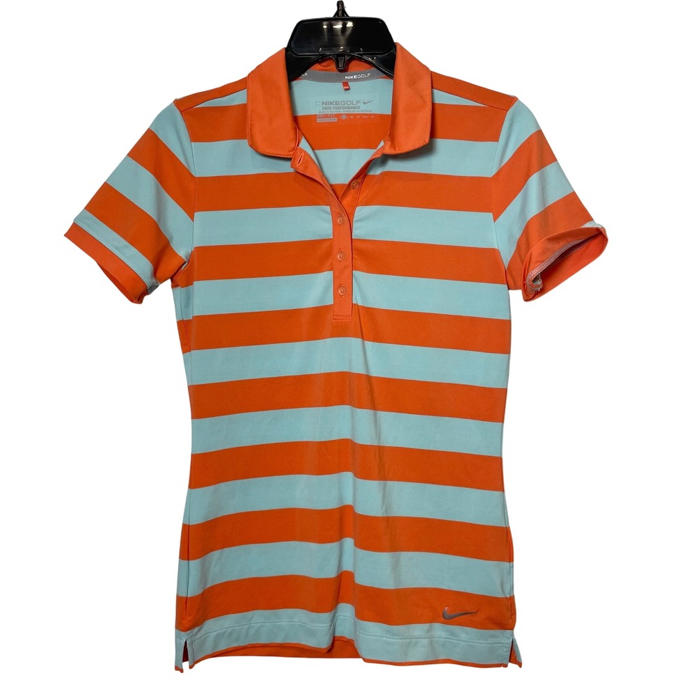 Nike Bold Stripe Golf Polo Shirt Top Orange Blue XS Womens Short Sleeve Dri Fit
